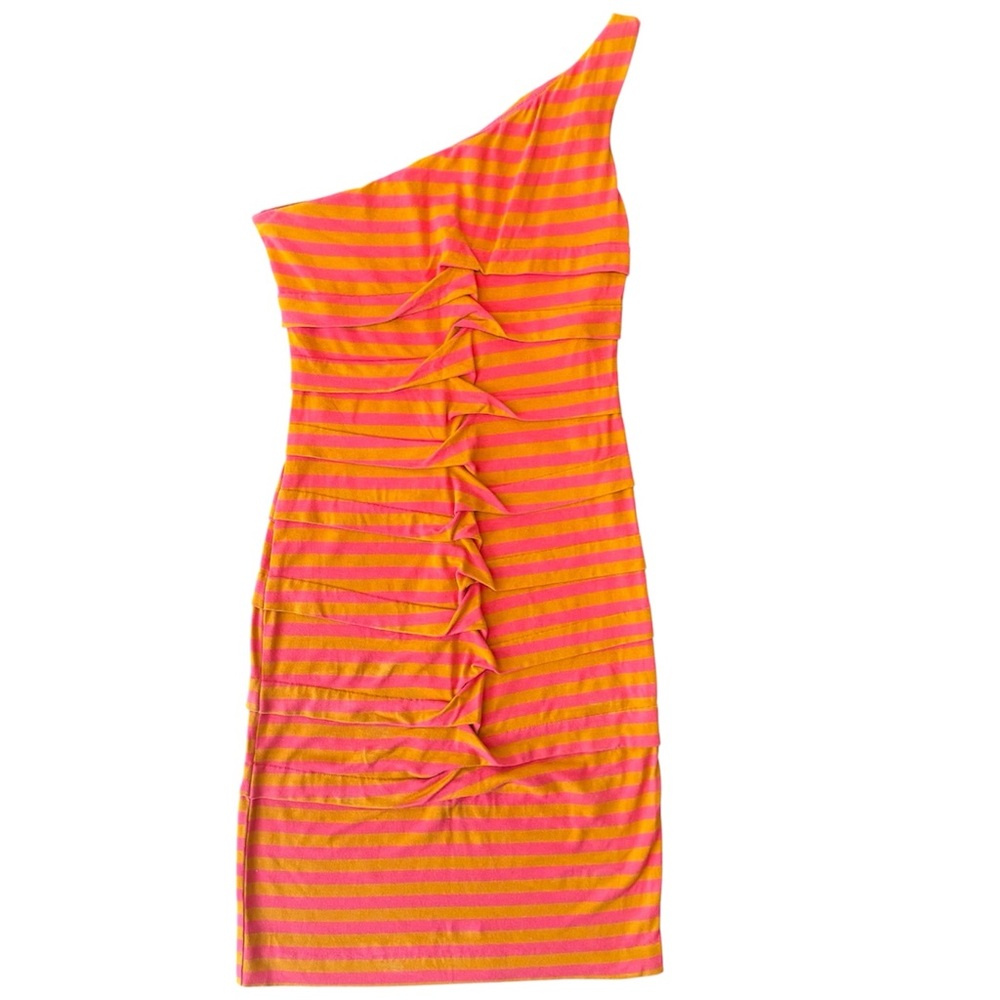 Nicole Miller pink orange striped one shoulder ruched dress S